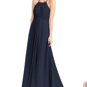 Navy Azazie “Ginger” bridesmaid dress. A-line, high neck, maxi, pleated bodice.